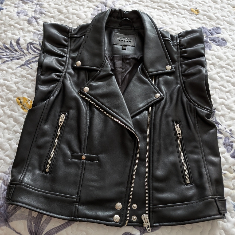 Black Faux Leather Ruffle Sleeveless Jacket